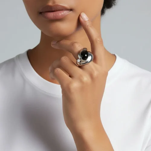 Anillo De Acero Gota Piedra Negra