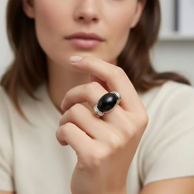 Anillo De Acero Piedra Ovalada Negra