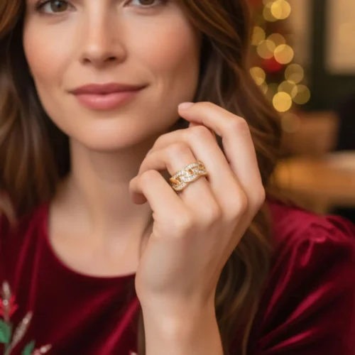 Anillo De Oro Eslabones Brillantes