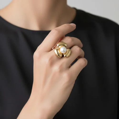 Anillo De Oro Flor Con Perla Ajustable