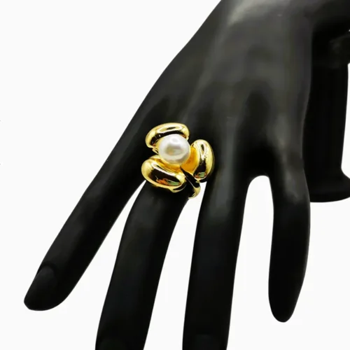 Anillo De Oro Flor Con Perla Ajustable