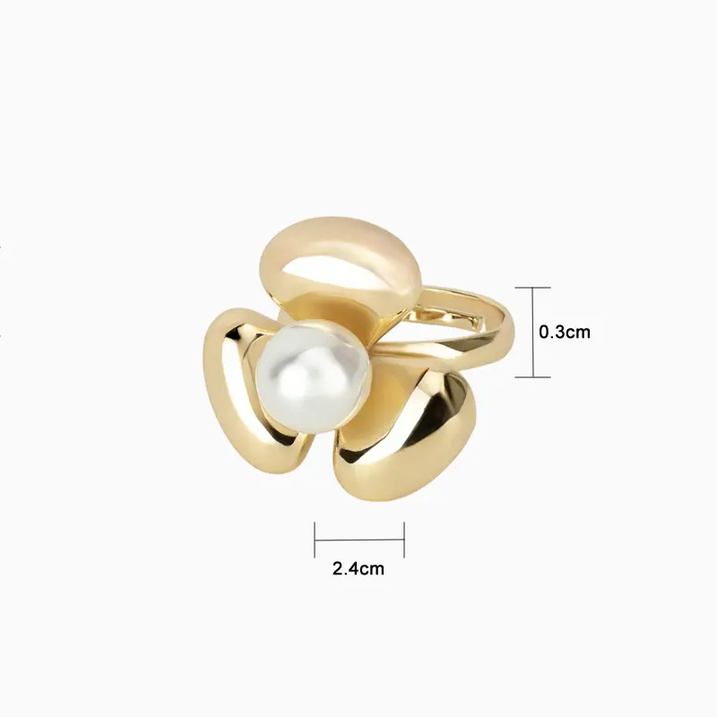 Anillo De Oro Flor Con Perla Ajustable