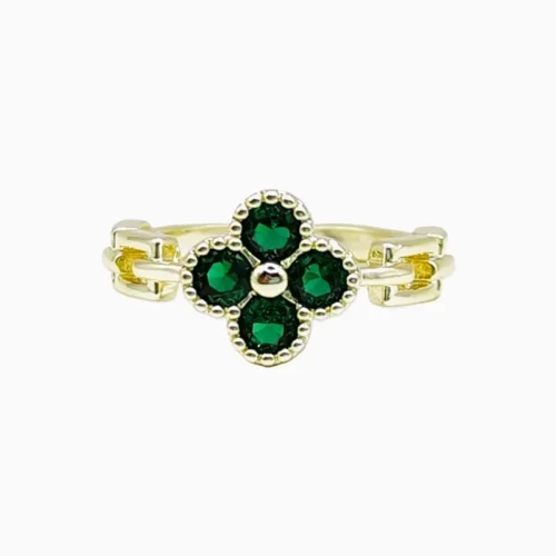 Anillo De Oro Trébol Verde Ajustable