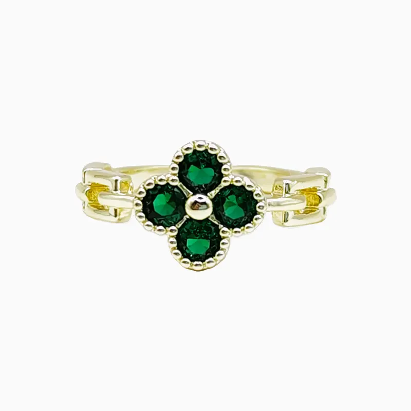 Anillo De Oro Trébol Verde Ajustable