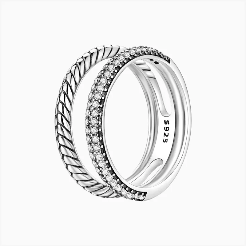 Anillo De Plata Doble Banda Pavé