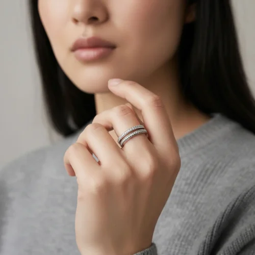 Anillo De Plata Doble Banda Pavé