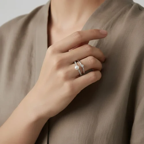 Anillo De Plata Perla Doble Banda