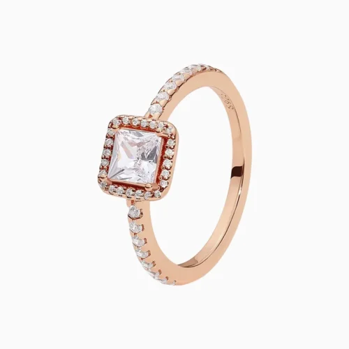 Anillo De Plata Rosa Halo Cuadrado