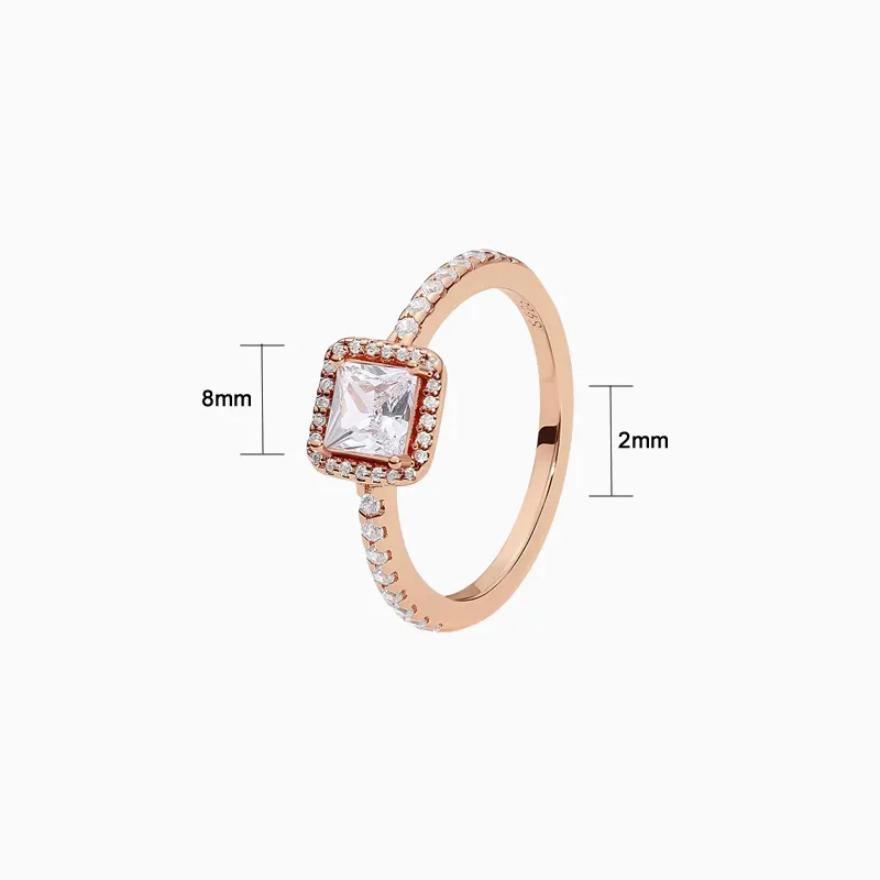 Anillo De Plata Rosa Halo Cuadrado Anillo De Plata Rosa Halo Cuadrado