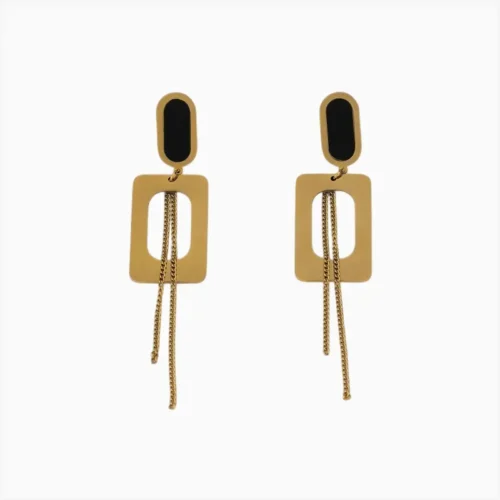 Aretes Largos De Acero Rectángulo Dorado
