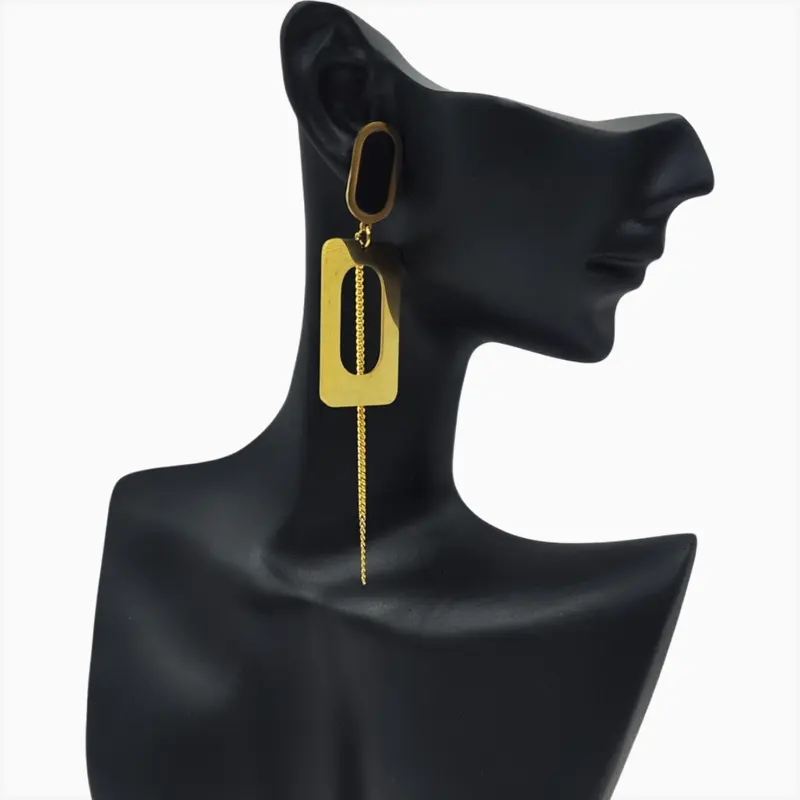 Aretes Largos De Acero Rectángulo Dorado