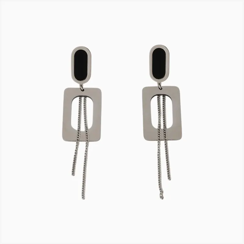 Aretes Largos De Acero Rectángulo Plateado