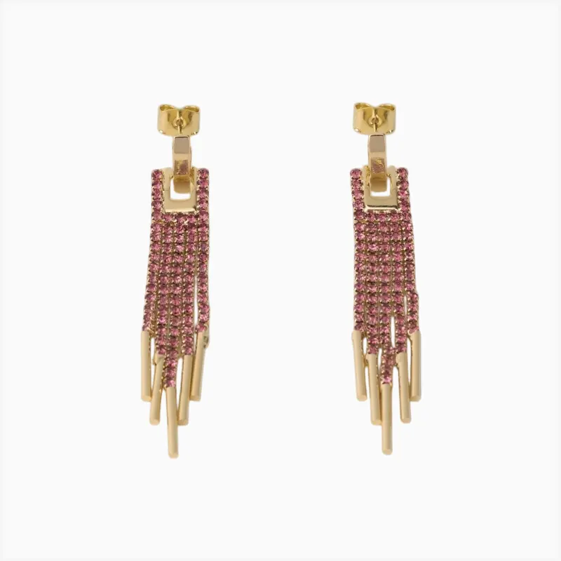 Aretes Largos De Oro Colgantes Fucsia