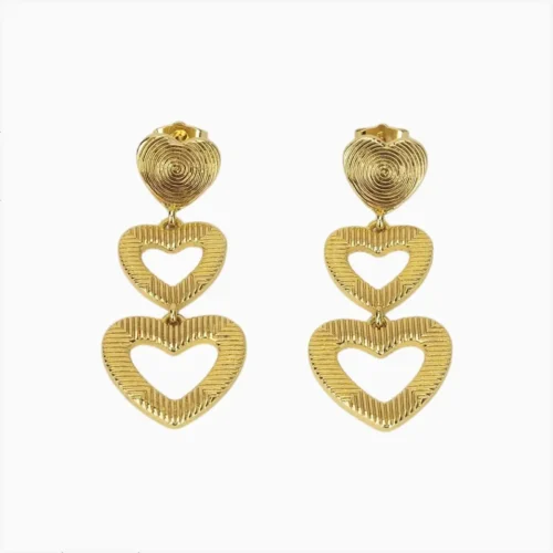 Aretes Largos De Oro Triple Corazón