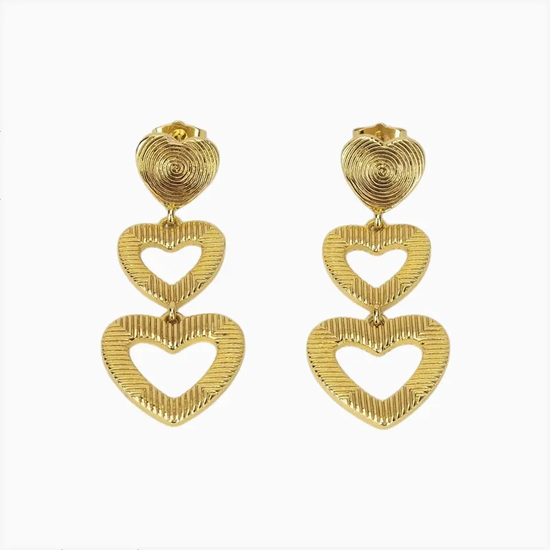 Aretes Largos De Oro Triple Corazón