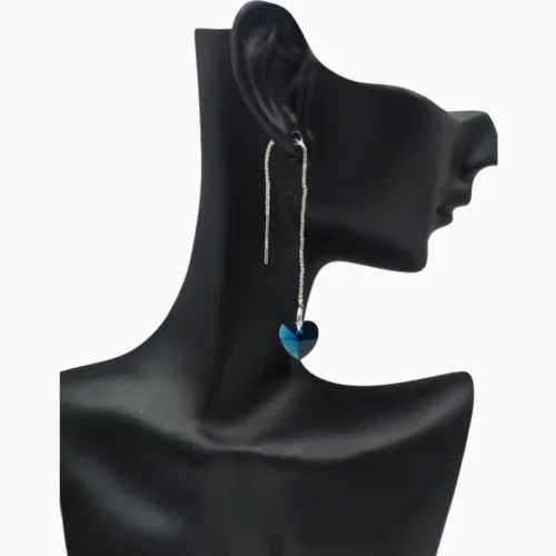 Aretes Largos De Plata Corazón Azul