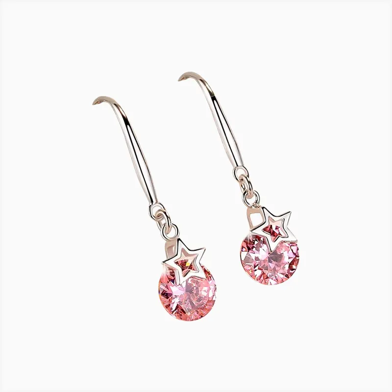 Aretes Largos De Plata Estrella Rosa