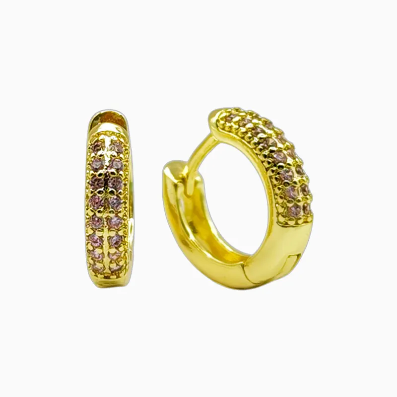 Aretes Huggies De Oro Doble Fila Pavé