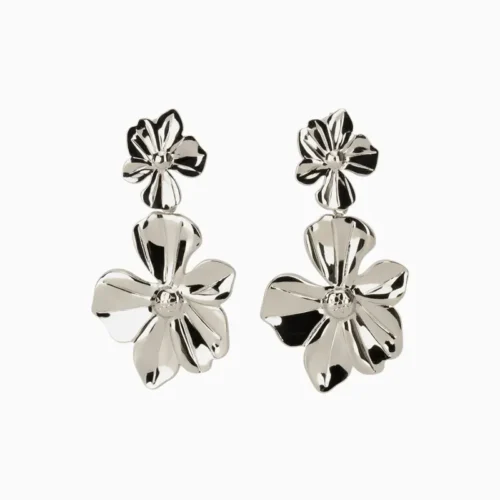Aretes Largos De Acero Flores Plateadas
