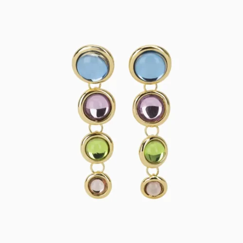 Aretes Largos De Oro Botones De Color