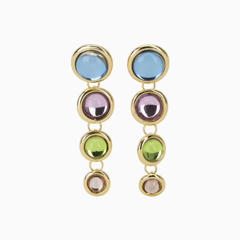 Aretes Largos De Oro Botones De Color