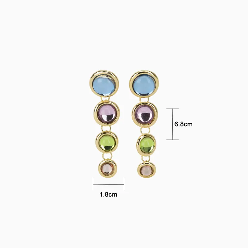 Aretes Largos De Oro Botones De Color