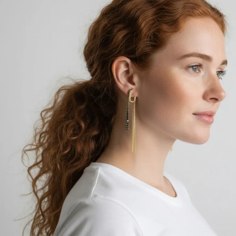 Aretes Largos De Oro Cola De Ratón Negro