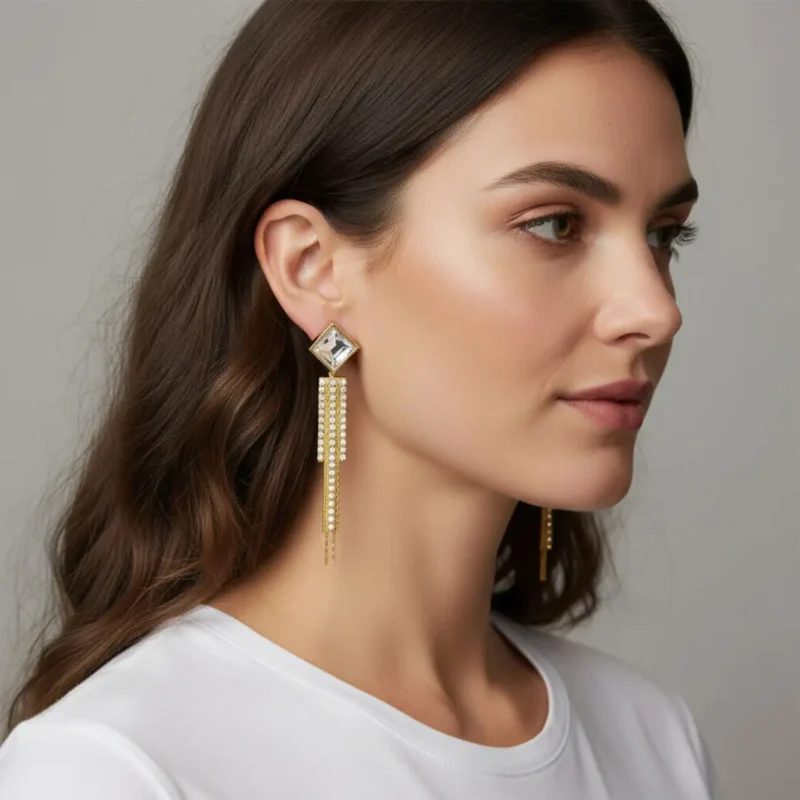 Aretes Largos De Oro Colgantes Brillantes