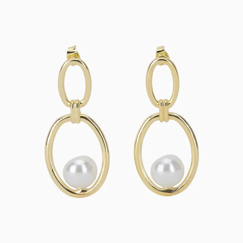 Aretes Largos De Oro Óvalo Con Perla