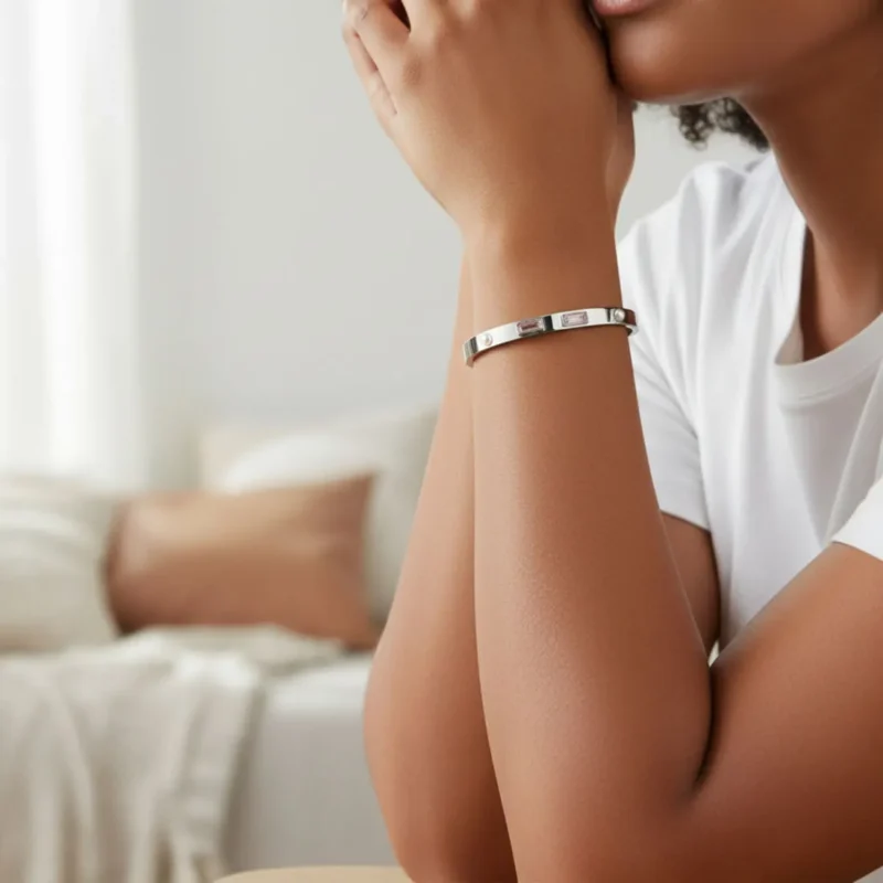 Pulsera De Acero Piedras Rosas