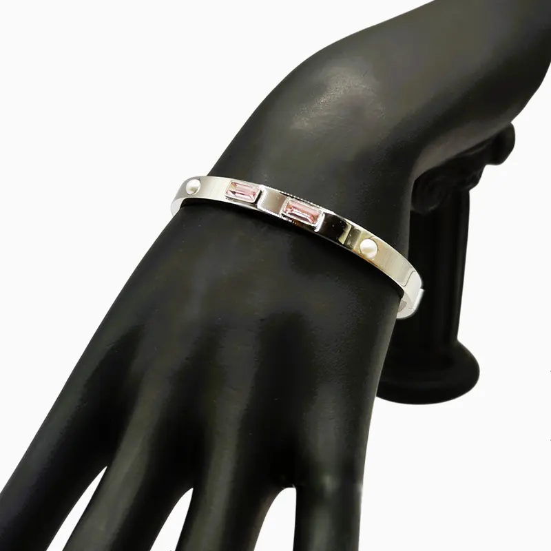 Pulsera De Acero Piedras Rosas