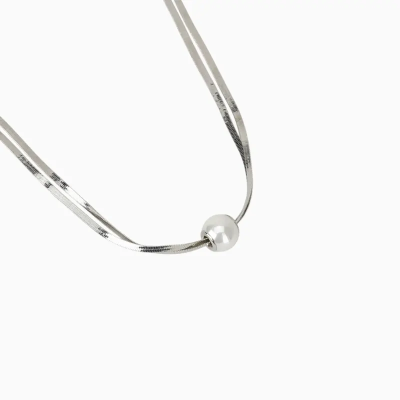 Collar De Oro Blanco Doble Con Perla