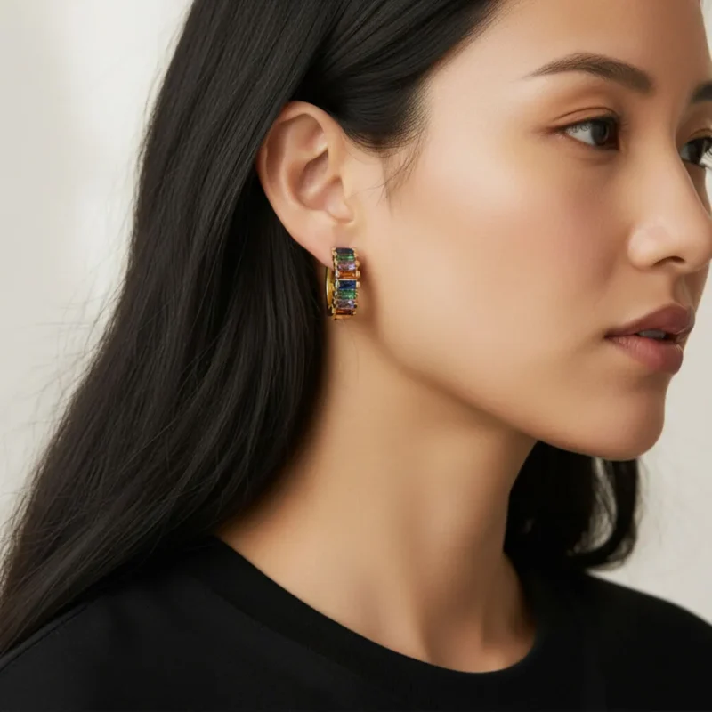 Huggies De Oro Piedra Multicolor Huggies De Oro Piedra Multicolor