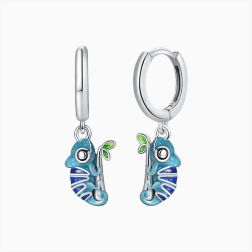 Aretes Huggies De Plata Camaleón Azul
