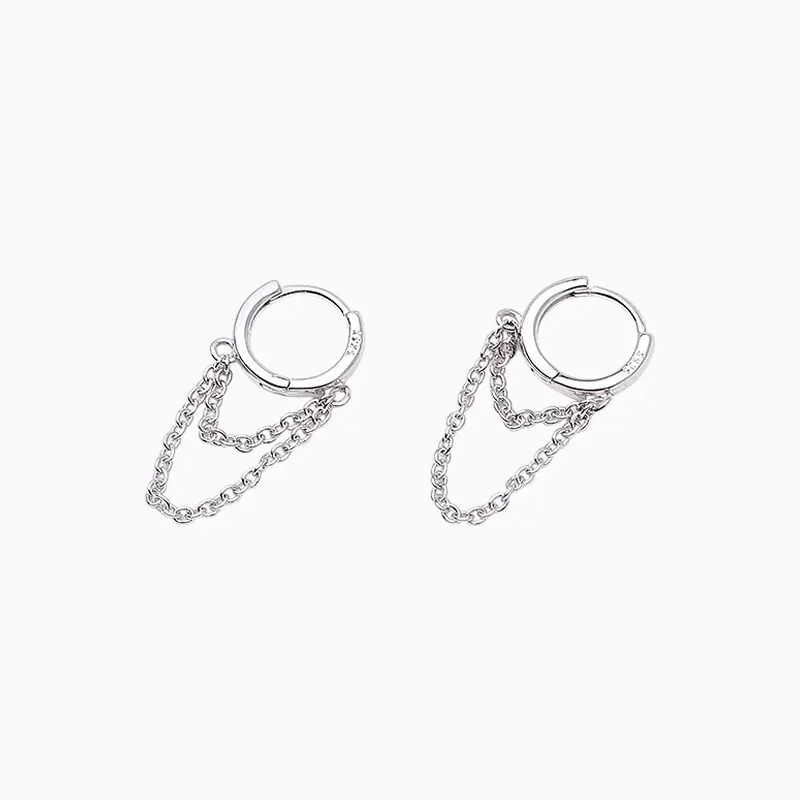 Aretes Huggies De Plata Doble Cadena