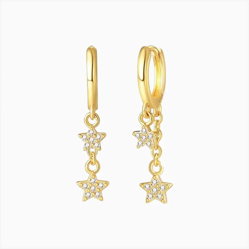Aretes Huggies De Plata Estrellas Doradas