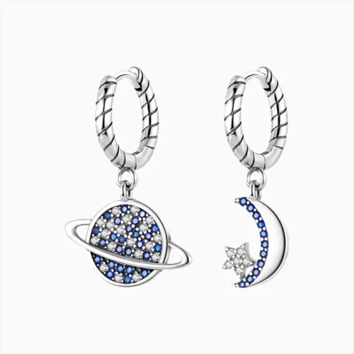Aretes Huggies De Plata Luna Y Planeta