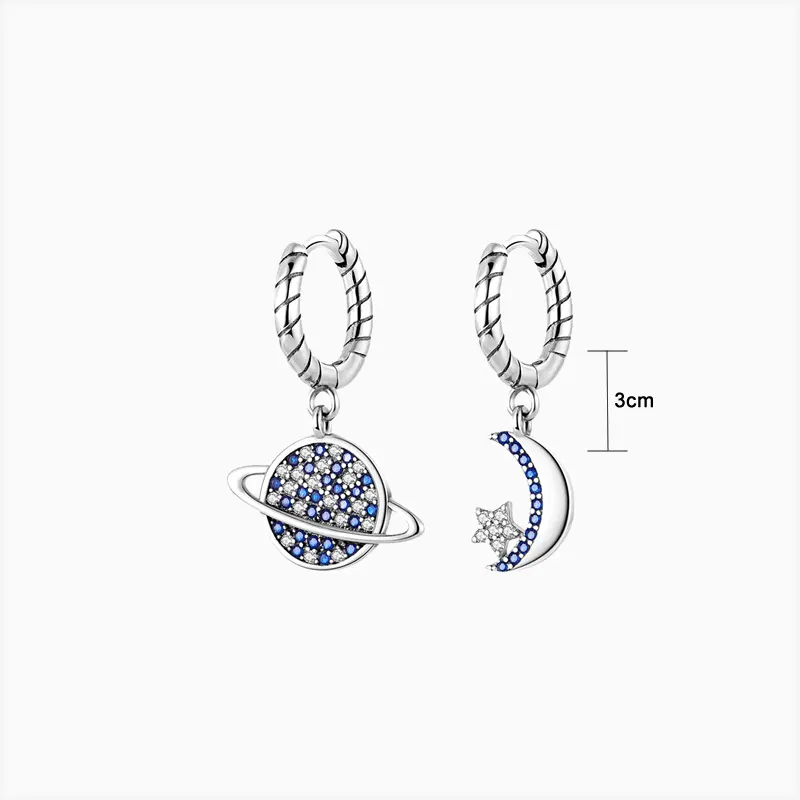 Aretes Huggies De Plata Luna Y Planeta