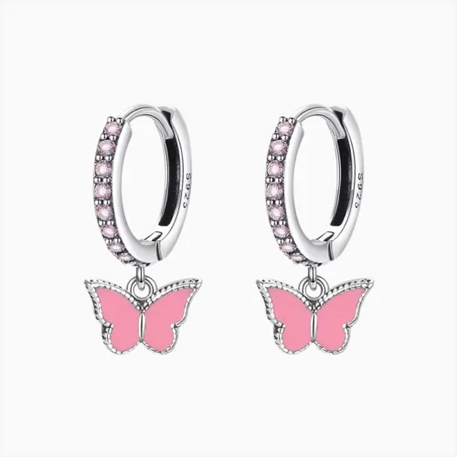 Aretes Huggies De Plata Mariposa Rosa