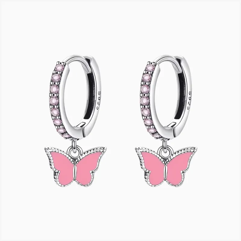 Aretes Huggies De Plata Mariposa Rosa