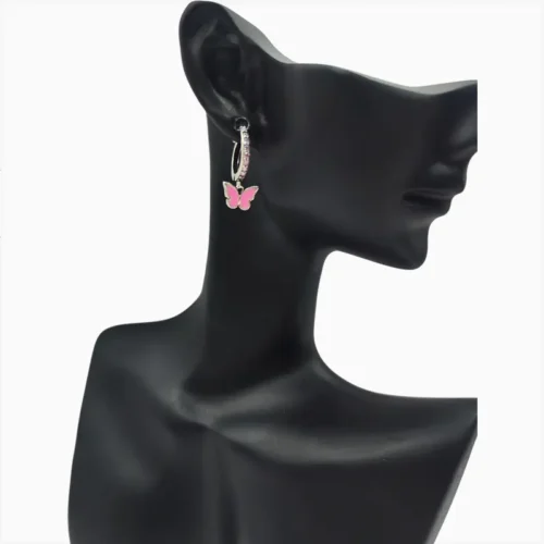 Aretes Huggies De Plata Mariposa Rosa