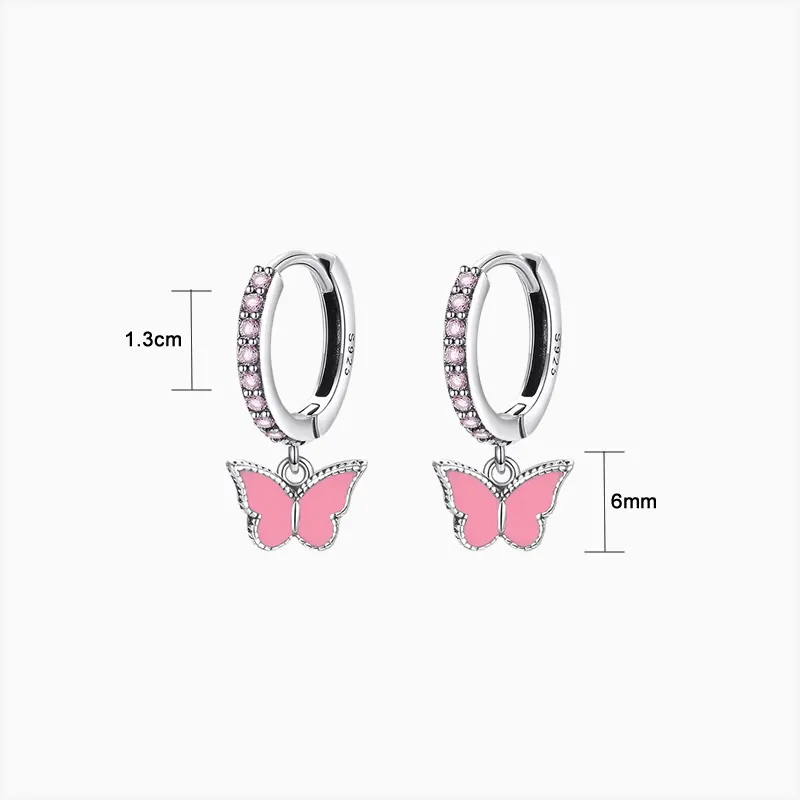 Aretes Huggies De Plata Mariposa Rosa