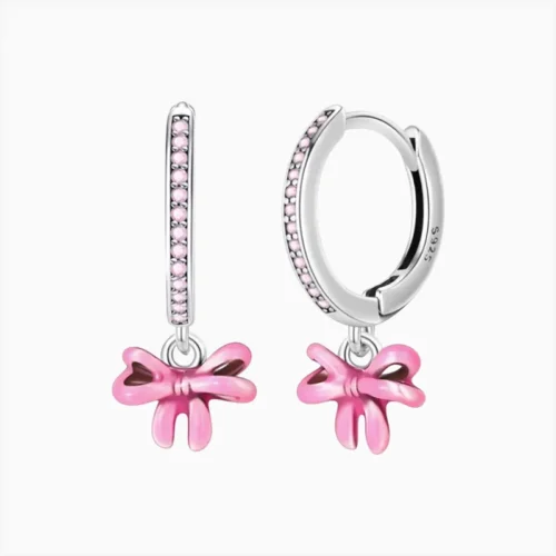 Aretes Huggies De Plata Moño Rosa