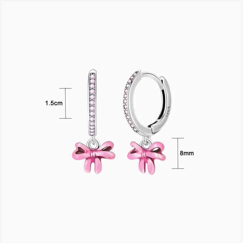Aretes Huggies De Plata Moño Rosa