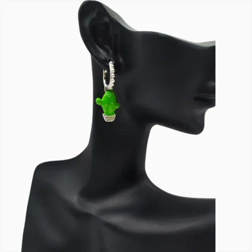 Aretes Huggies De Plata Nopal Verde