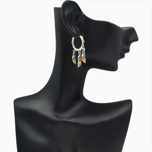 Aretes Huggies De Plata Plumas Multicolor