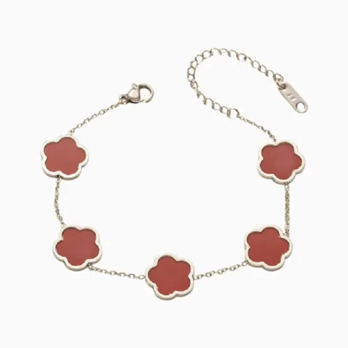 Pulsera De Acero Flor Cinco Hojas Rojo Plata