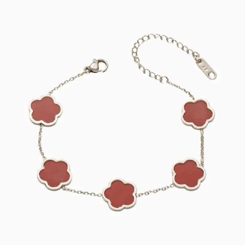 Pulsera De Acero Flor Cinco Hojas Rojo Plata