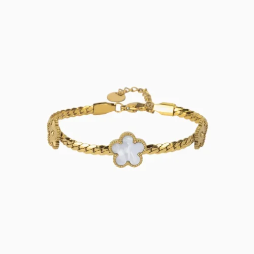 Pulsera De Acero Flores Blancas Dorado