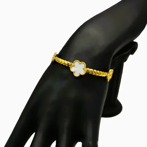 Pulsera De Acero Flores Blancas Dorado